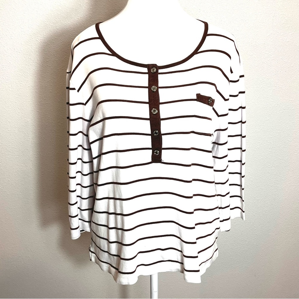 Lauren Ralph Lauren White & Brown Striped Henley Top Cotton Sz XL Preppy Coastal